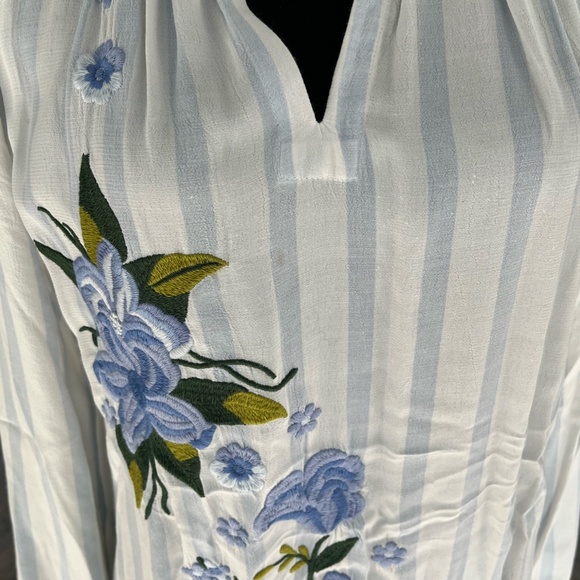 Anthropologie Carolina Blue+White Striped Blouse with Embroidered Flowers, Sz S - Picture 3 of 9